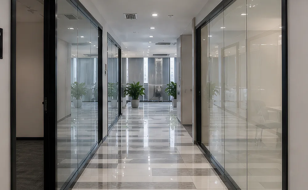 Glass-lined corridor at the Nocten Tech office